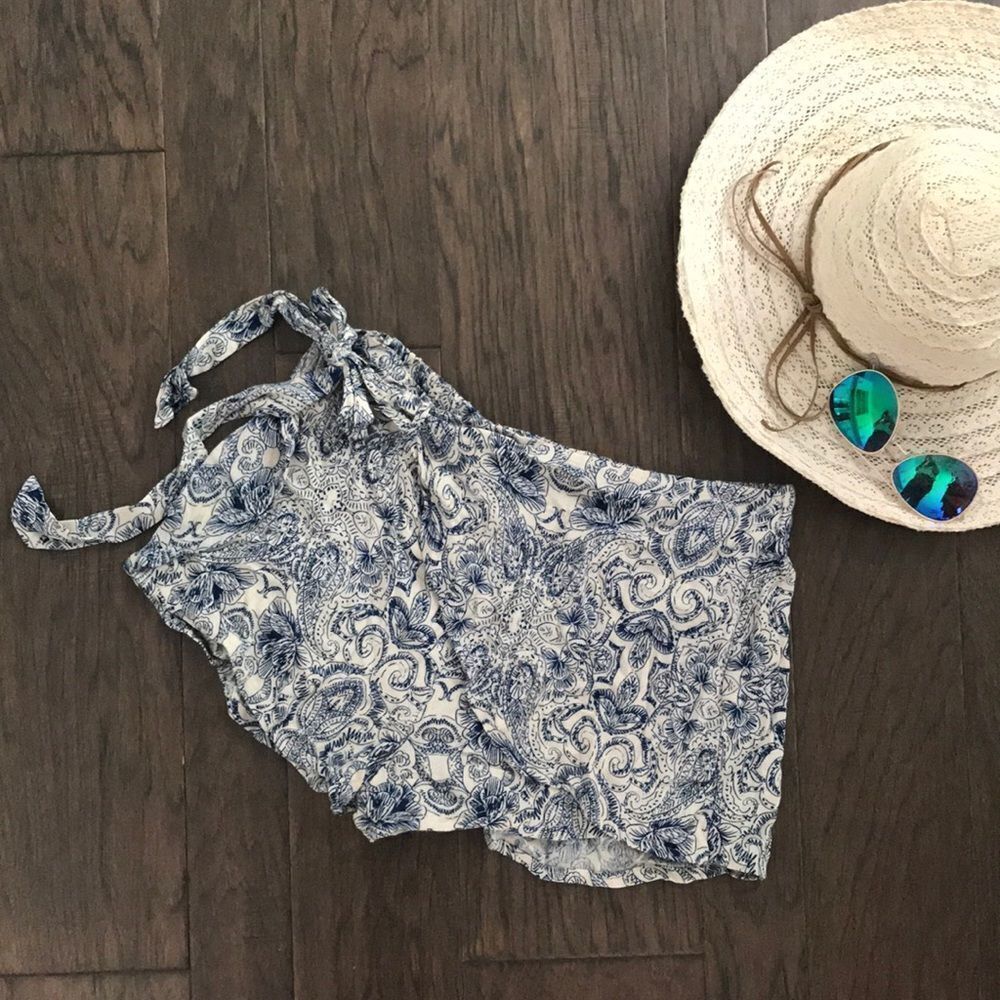 Boom Boom Jeans Francesca's Boho White & Blue Paisley Sarong Shorts Vacation